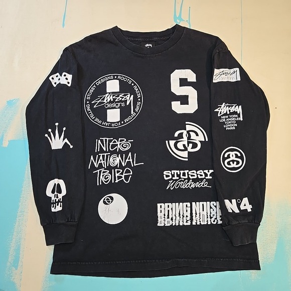Stussy M Black Graphic Long Sleeve Shirt Skull Logos Rat International Tribe No4 - Picture 1 of 7